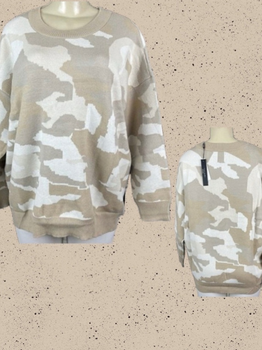T Tahari Woman 1X Camo Knit Sweater Beige Tan Cream Crew Ribbed Trim Long Sleeve